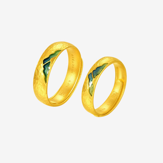 A Grand Panorama of Rivers and Mountains Series 24K Gold Enamel Double Mountain Couple Rings