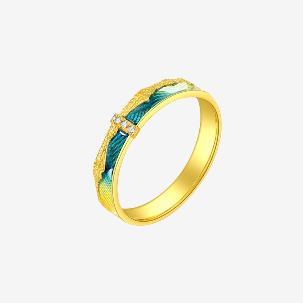 A Grand Panorama of Rivers and Mountains Series 24K Gold Diamond Enamel Green Mountain Ring