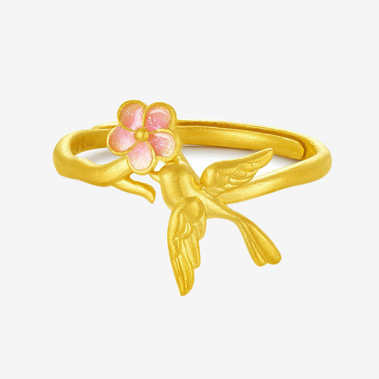 Twelve Gods of Flowers Series 24K Gold Enamel Magpie and Plum Blossom Ring