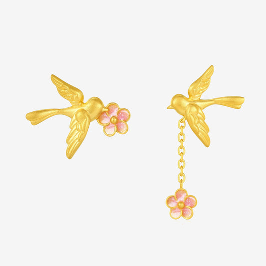 Twelve Gods of Flowers Series 24K Gold Enamel Magpie and Plum Blossom Earrings