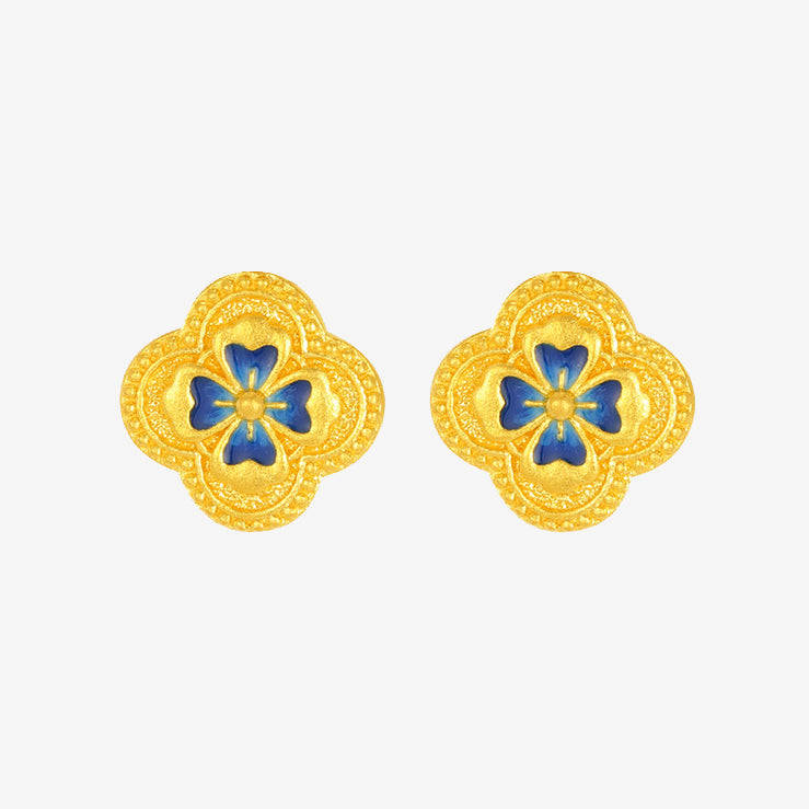 Oriental Blue and White Series 24K Gold Blue Clover Earrings