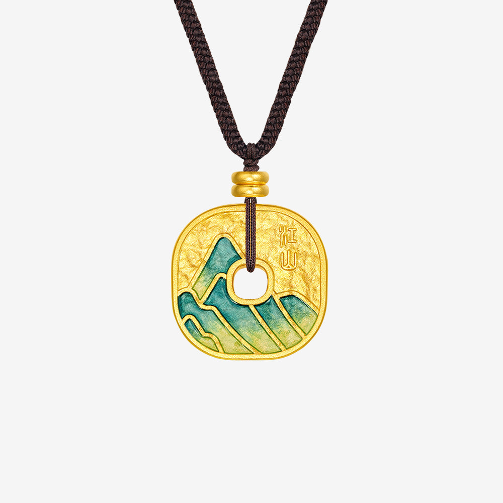 A Grand Panorama of Rivers and Mountains Series 24k Gold Enamel Square Lucky Coin Pendant