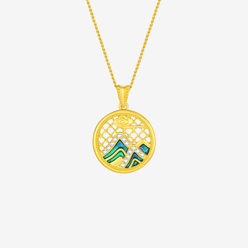 A Grand Panorama of Rivers and Mountains Series 24K Gold Diamond Enamel Hollow Necklace