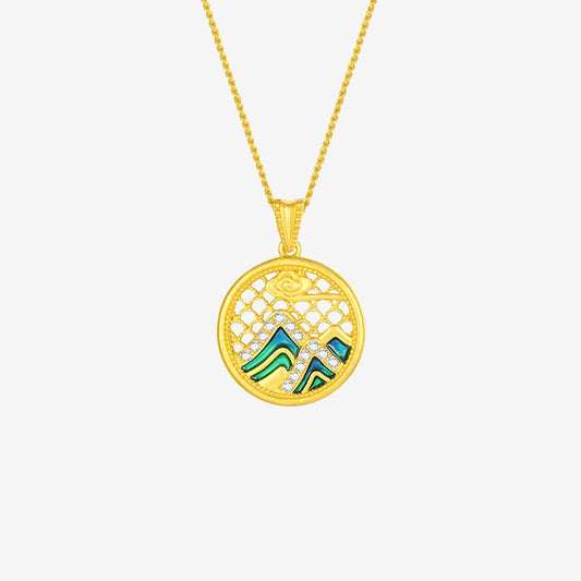 A Grand Panorama of Rivers and Mountains Series 24K Gold Diamond Enamel Hollow Necklace