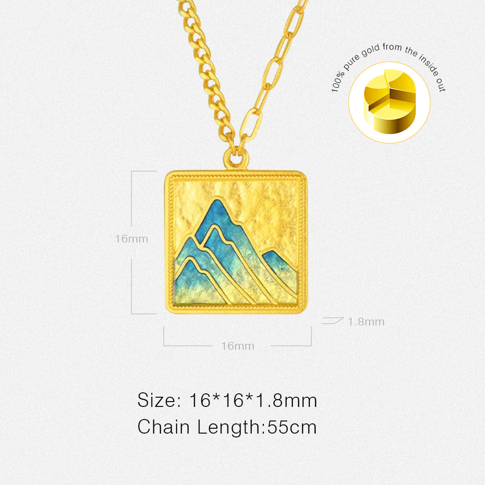 A Grand Panorama of Rivers and Mountains Series 24K Gold Enamel Square Round Tag Couple Necklaces