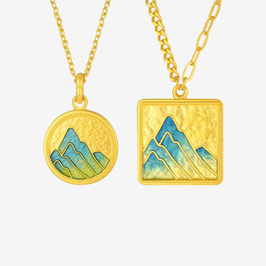 A Grand Panorama of Rivers and Mountains Series 24K Gold Enamel Square Round Tag Couple Necklaces