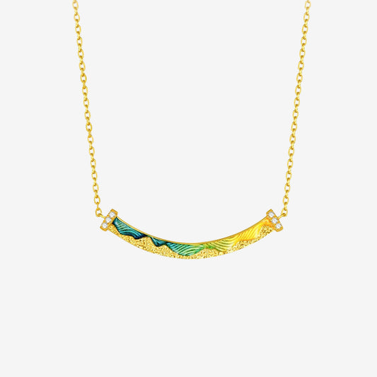 A Grand Panorama of Rivers and Mountains Series 24K Gold Enamel Diamond Arc Bar Necklace