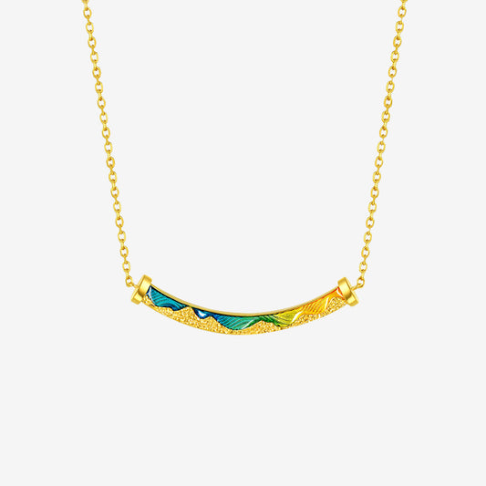 A Grand Panorama of Rivers and Mountains Series 24K Gold Enamel Arc Bar Necklace