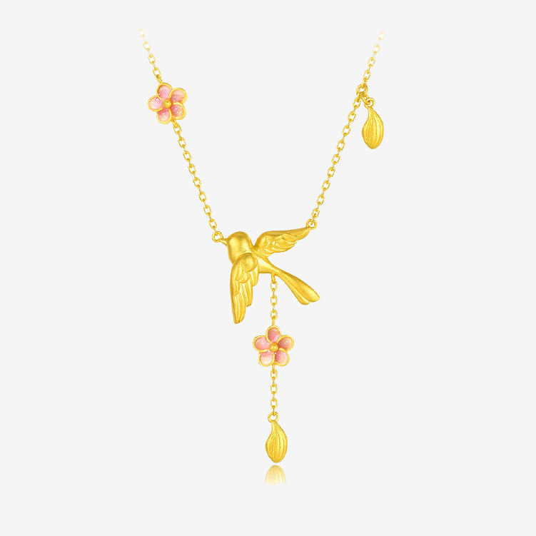 Twelve Gods of Flowers Series 24K Gold Enamel Magpie and Plum Blossom Y Necklace