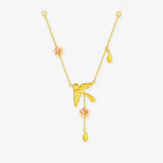Twelve Gods of Flowers Series 24K Gold Enamel Magpie and Plum Blossom Y Necklace