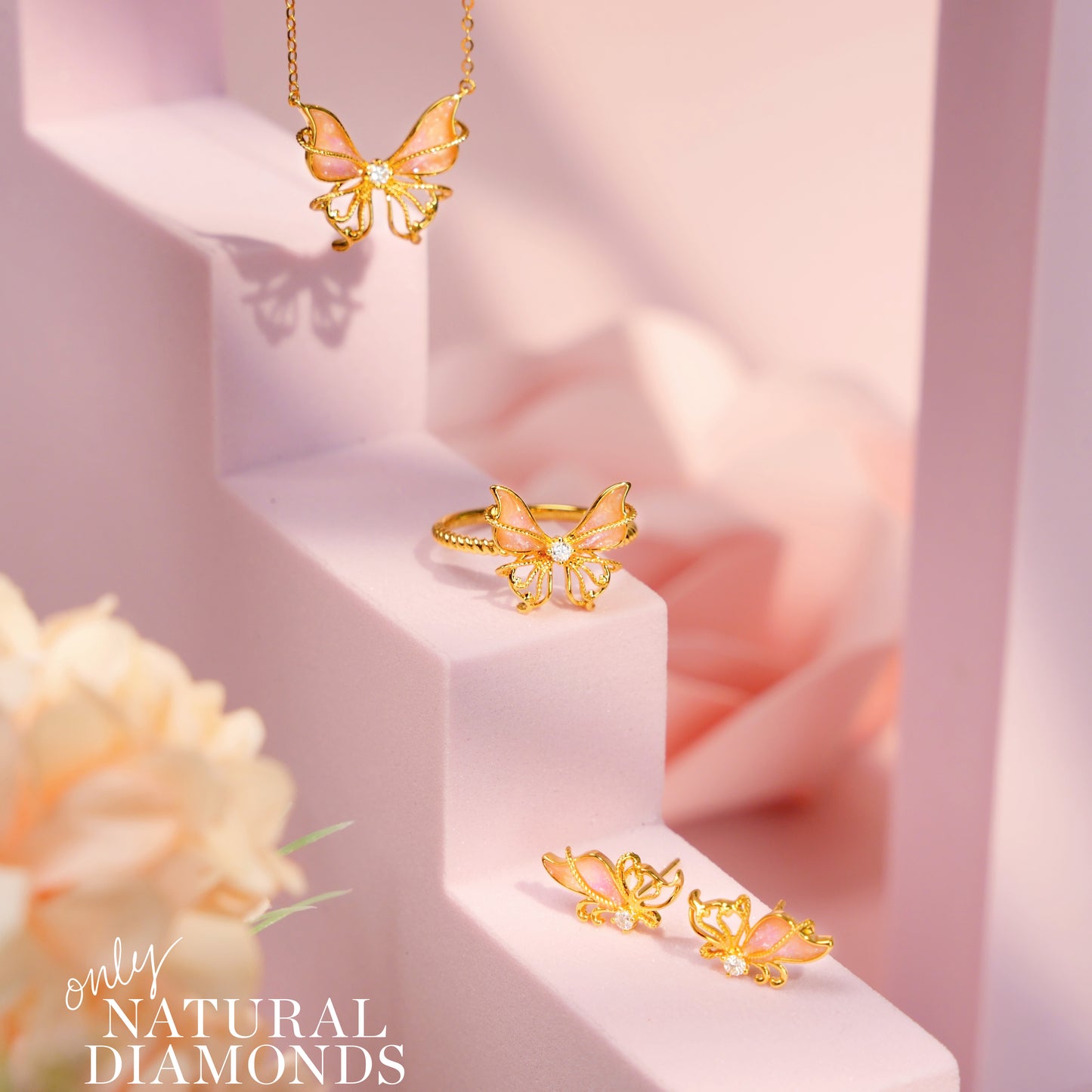 18K Gold Diamond Poetic Pink Butterfly Jewelry Set - Ring Earrings Necklace