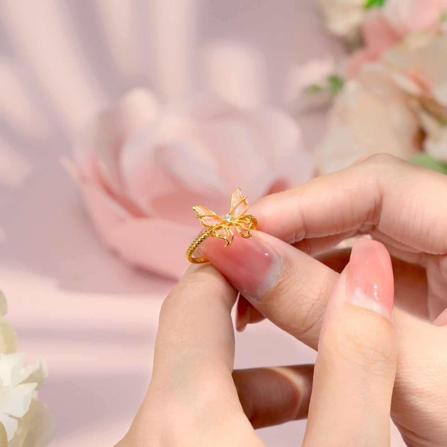 18K Gold Diamond Poetic Pink Butterfly Jewelry Set - Ring Earrings Necklace