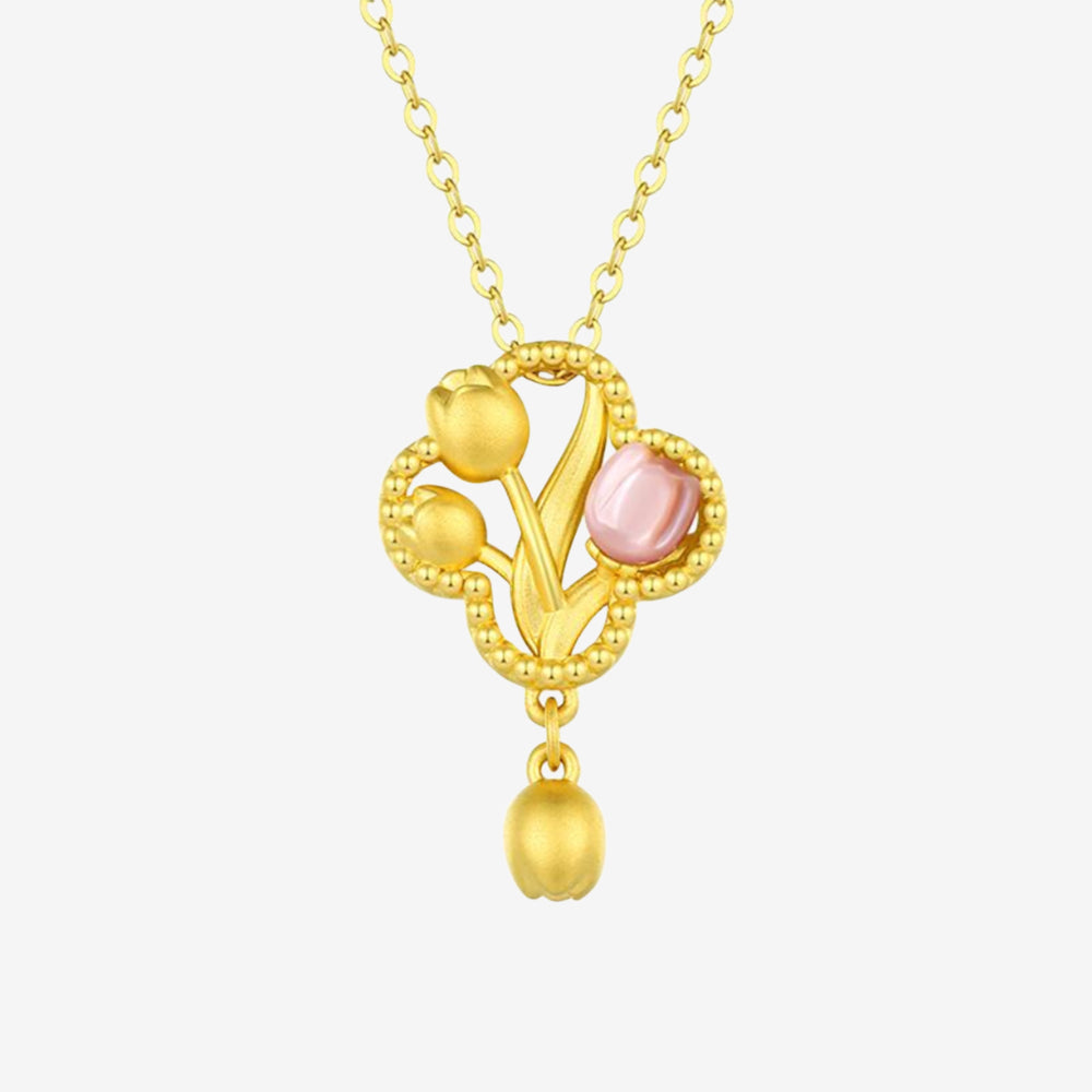 24K Gold Hetian Jade Shell Tulip Necklace Pendant