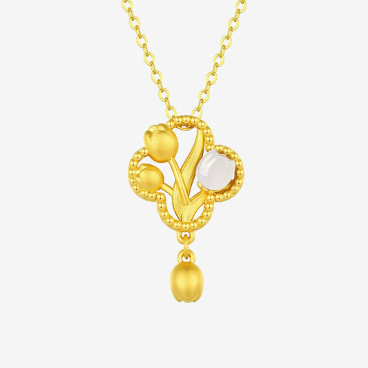 24K Gold Hetian Jade Shell Tulip Necklace Pendant