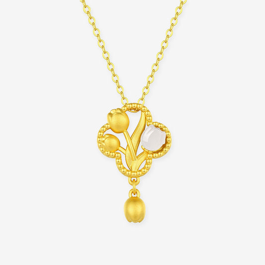 24K Gold Hetian Jade Shell Tulip Necklace Pendant