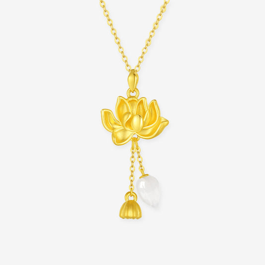 24K Gold Hetian Jade Lotus Necklade Pendent