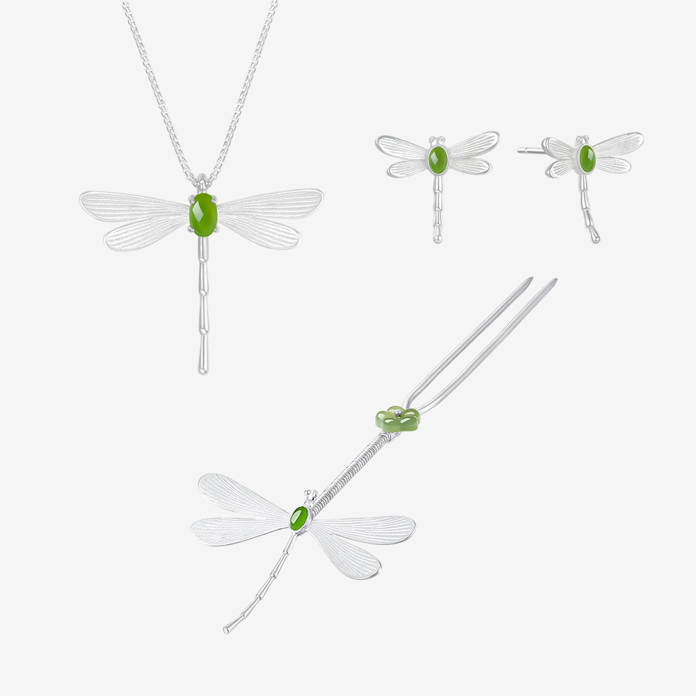 S925 Silver Hetian Jade Dragonfly Jewelry Set - Necklace Earrings Hairpin