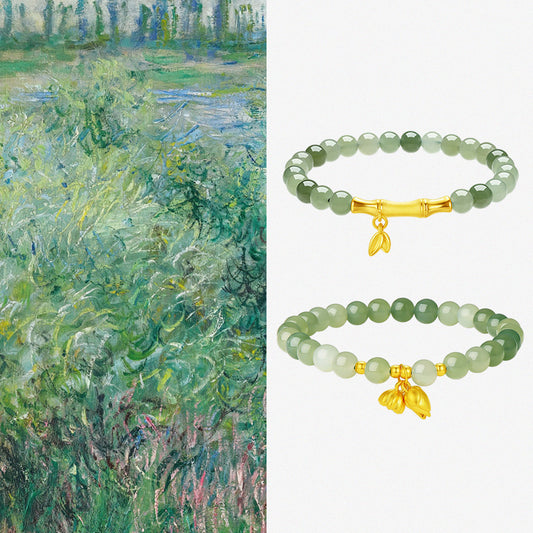 24K Gold Bamboo Lotus Hetian Jade Beaded Bracelet