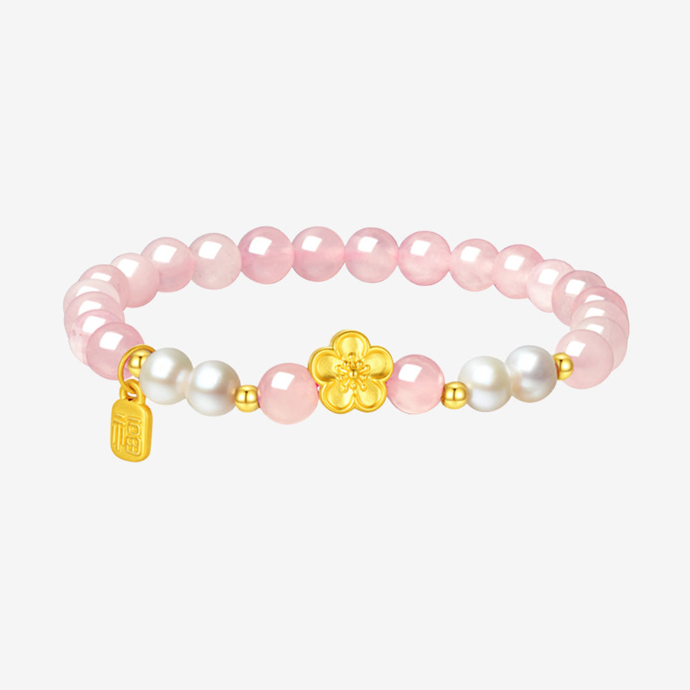 24K Gold Pink Crystal Amethyst Butterfly Flower Beaded Bracelet