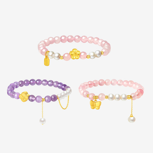 24K Gold Pink Crystal Amethyst Butterfly Flower Beaded Bracelet