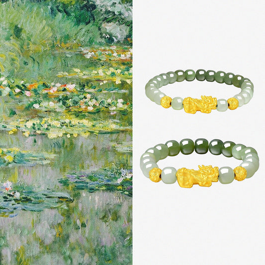 24K Gold Pixiu Hetian Jade Couple Beaded Bracelet