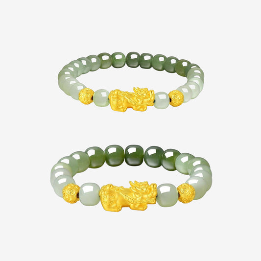 24K Gold Pixiu Hetian Jade Couple Beaded Bracelet