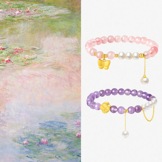 24K Gold Crystal Rose Quartz Amethyst Butterfly Flower Beaded Bracelet