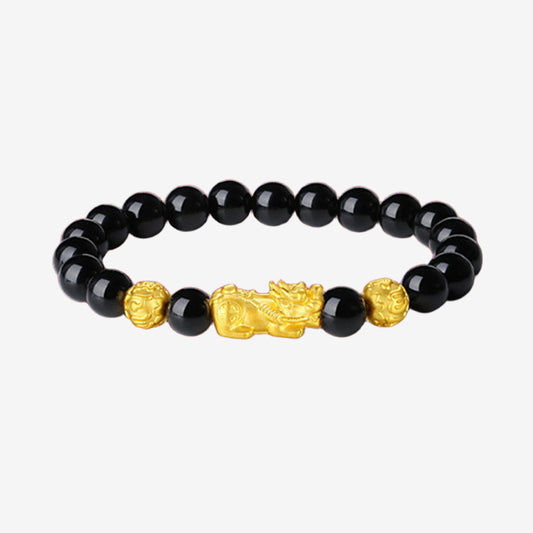 24K Gold Pixiu Obsidian Men Beaded Bracelet