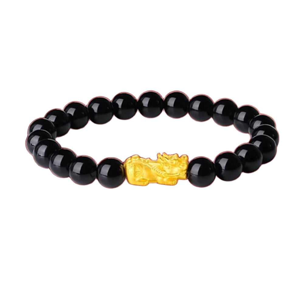 24K Gold Pixiu Obsidian Men Beaded Bracelet