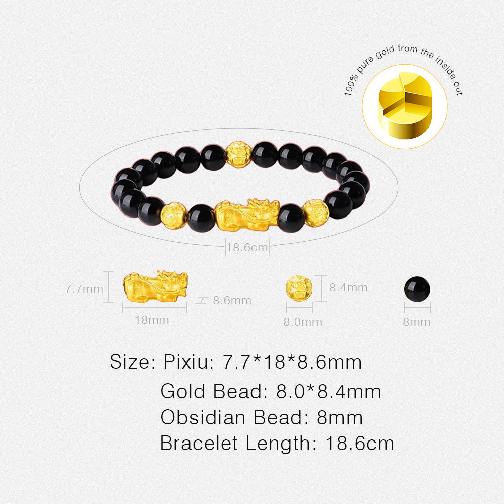 24K Gold Pixiu Obsidian Men Beaded Bracelet