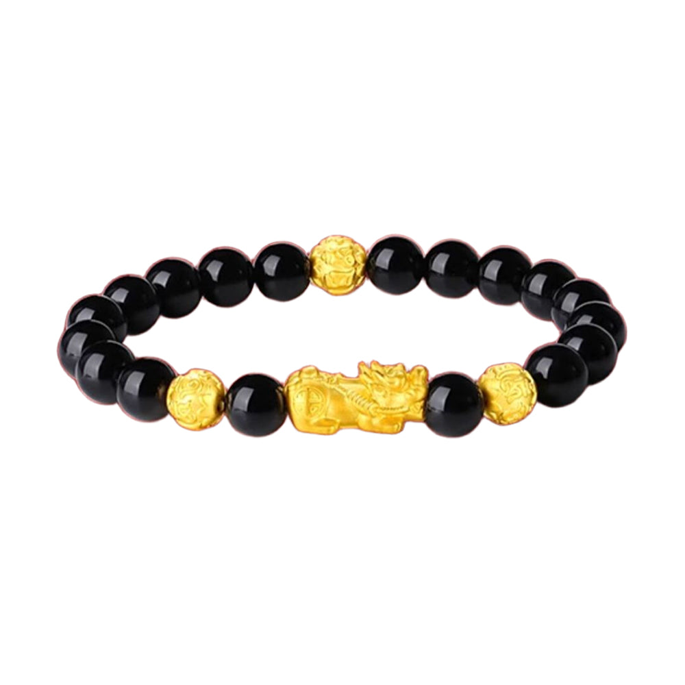 24K Gold Pixiu Obsidian Men Beaded Bracelet