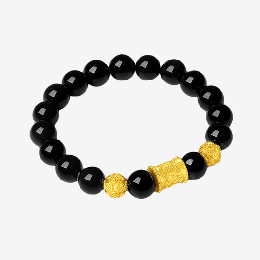 24K Gold Six-Syllable Mantra Barrel Charm Obsidian Men's Bracelet