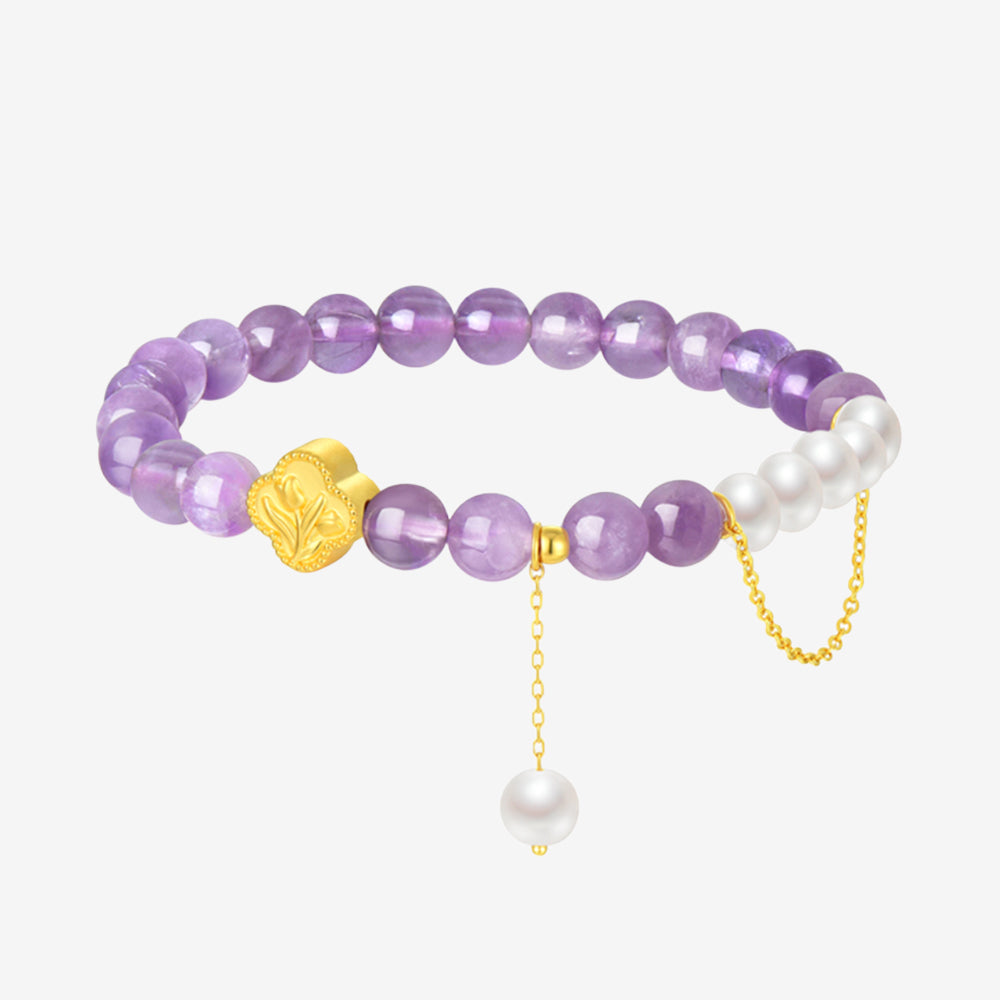 24K Gold Pink Crystal Amethyst Butterfly Flower Beaded Bracelet