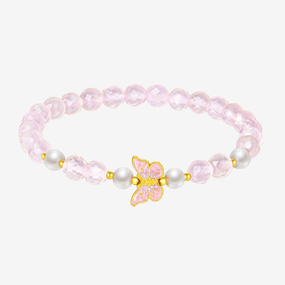 24K Gold Pearl Butterfly Flower Chalcedony Beaded Bracelet