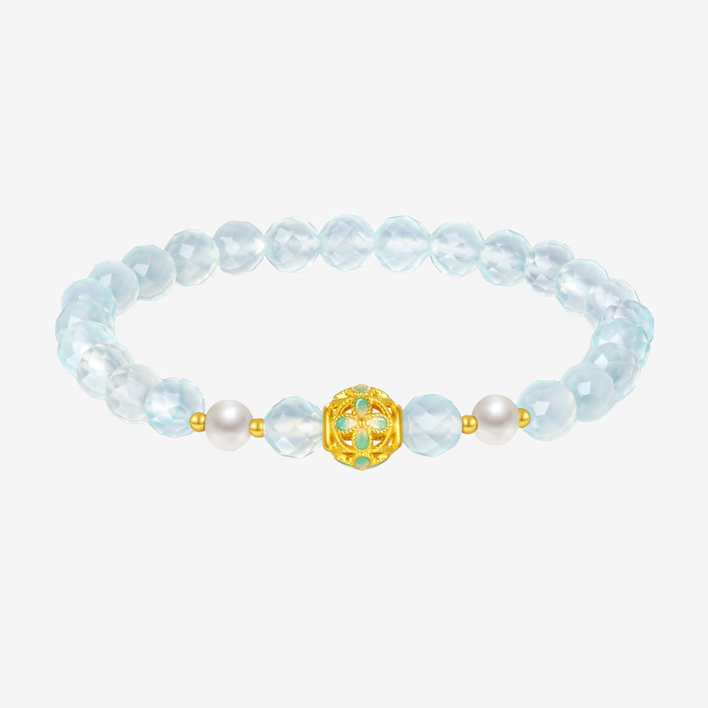 24K Gold Pearl Butterfly Flower Chalcedony Beaded Bracelet