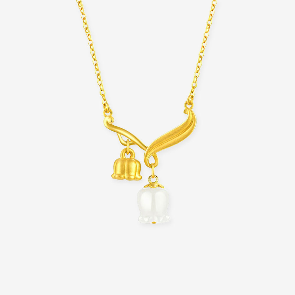 24K Gold Jade Happy Lily of the Valley Necklace Earrings Jewelry Set
