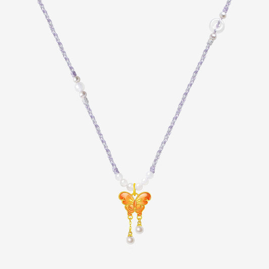 24K Gold Luminous Enamel Double-Sided Purple Orange Butterfly Necklace