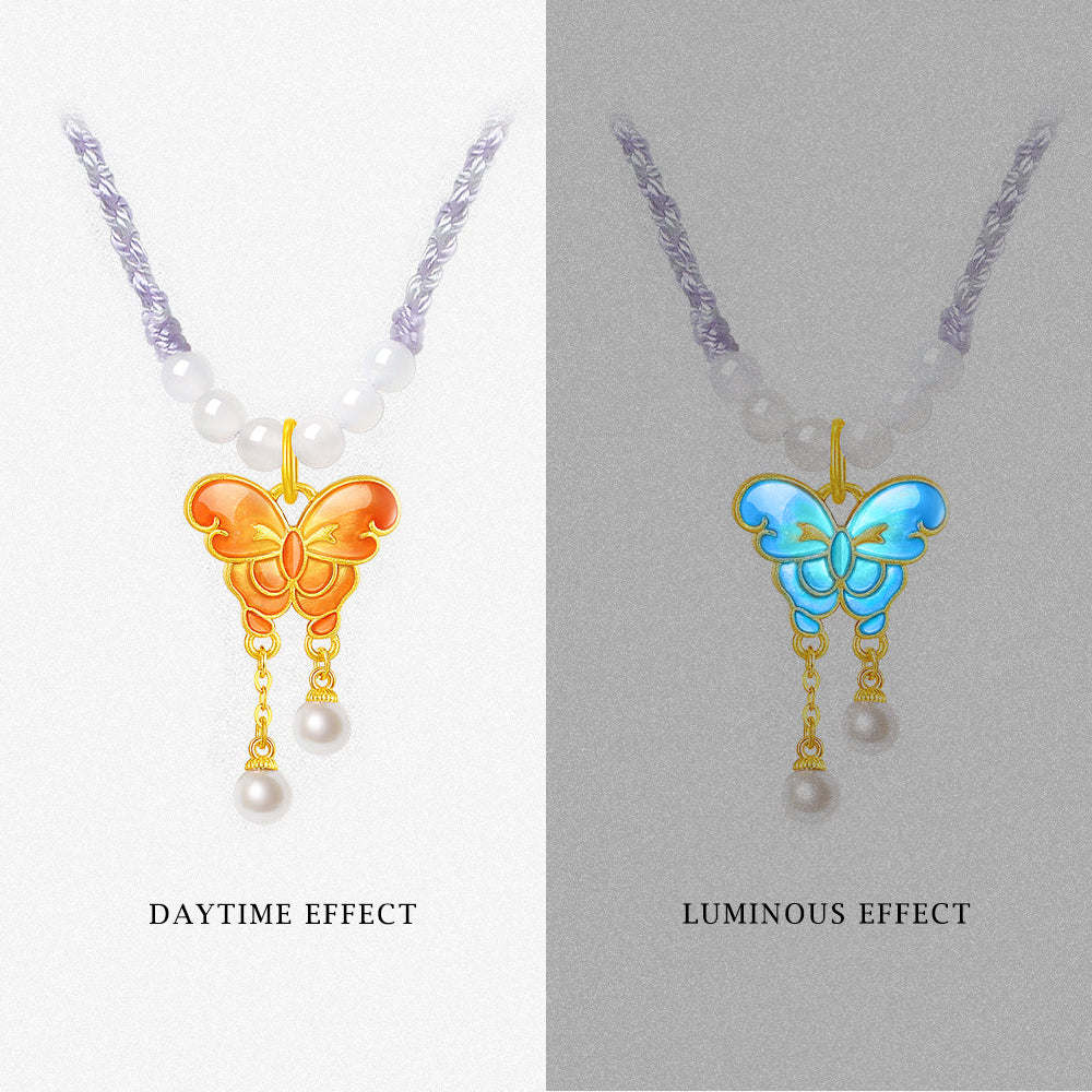 24K Gold Luminous Enamel Double-Sided Purple Orange Butterfly Necklace