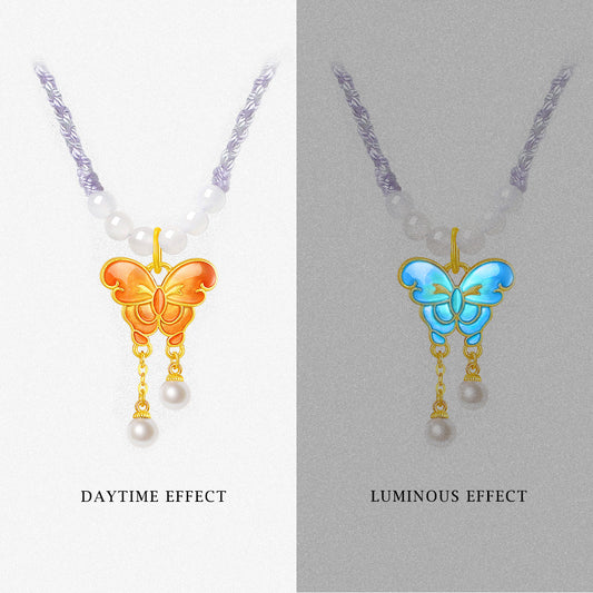 24K Gold Luminous Enamel Double-Sided Purple Orange Butterfly Necklace