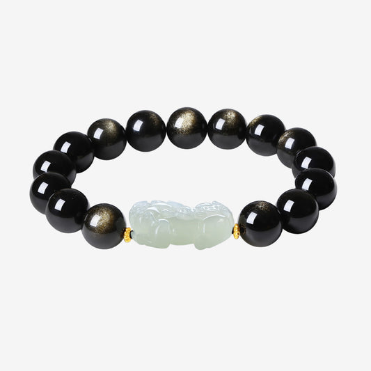 24K Gold Hetian Jade Pixiu Obsidian Men Beaded Bracelet