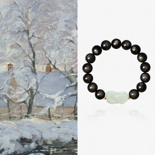 24K Gold Hetian Jade Pixiu Obsidian Men Beaded Bracelet