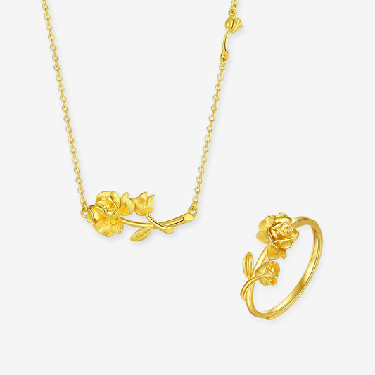 Happy Flower Wedding Series 24K Gold Sunset Rose Jewelry Set - Ring Necklace