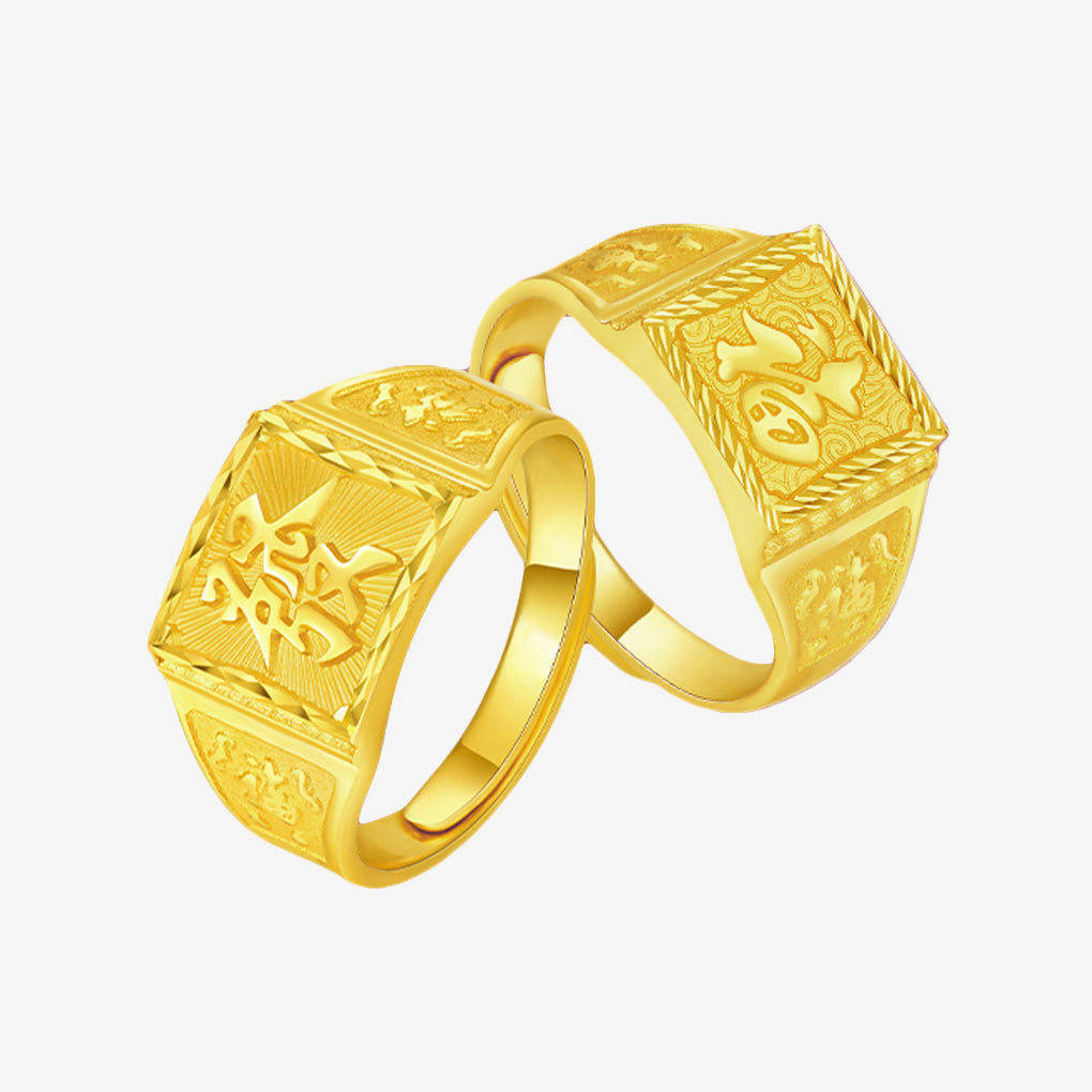 24K Gold Wealth and Happiness Square Signet Men's Ring