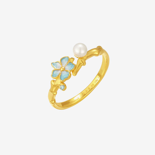 24K Gold Enamel Pearl Almond Blossom Flower Ring