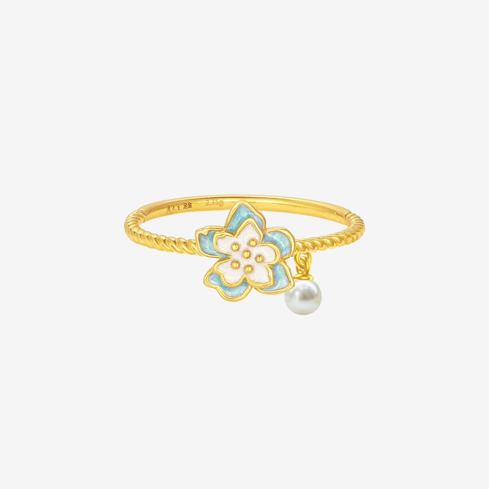 24K Gold Enamel Pearl Almond Flower Ring