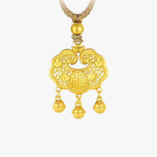 24K Gold Fortune Ruyi Lock and Bells Necklace Pendant