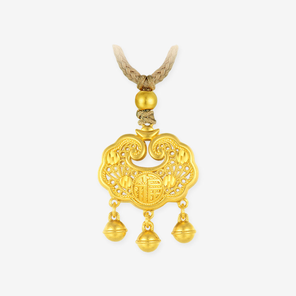 24K Gold Fortune Ruyi Lock and Bells Necklace Pendant