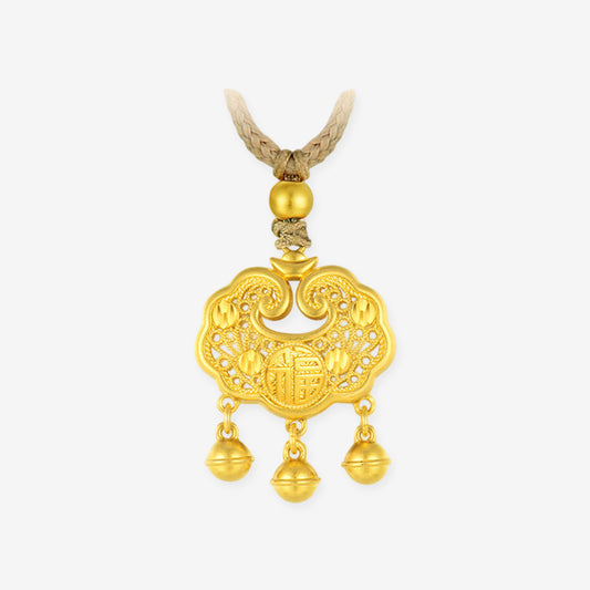 24K Gold Fortune Ruyi Lock and Bells Necklace Pendant