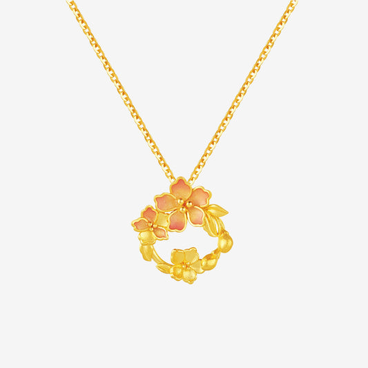 Twelve Gods of Flowers Series 24K Gold Enamel Peach Blossom Wreath Necklace Pendant