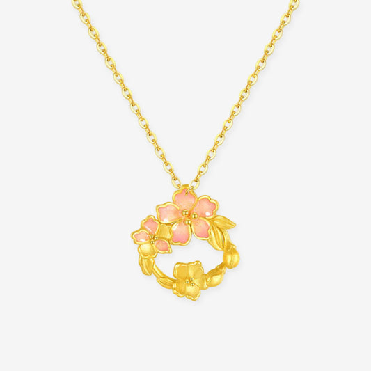 Twelve Gods of Flowers Series 24K Gold Enamel Peach Blossom Wreath Necklace Pendant